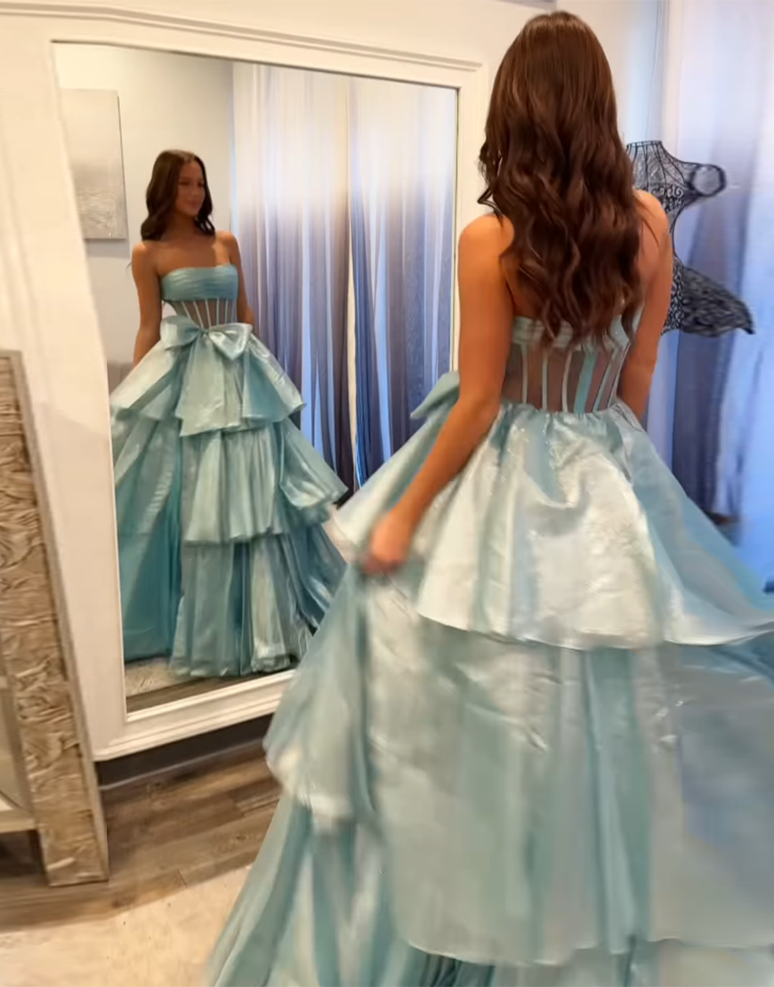 Fuchsia A-Line Strapless Corset Ruffle Tulle Long Prom Dress with Slit