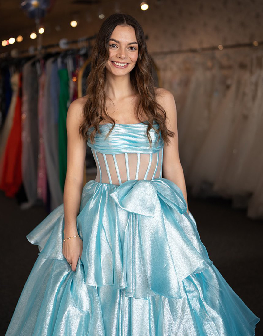 Light Blue A-Line Strapless Corset Ruffle Tulle Long Prom Dress with Slit