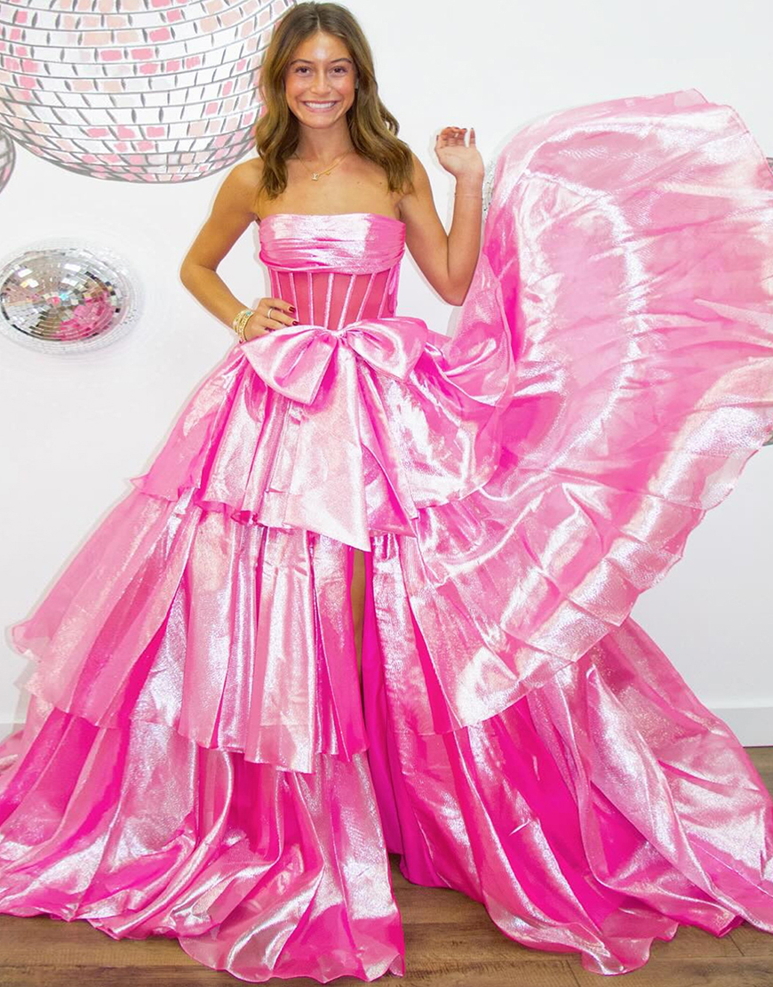 Fuchsia A-Line Strapless Corset Ruffle Tulle Long Prom Dress with Slit