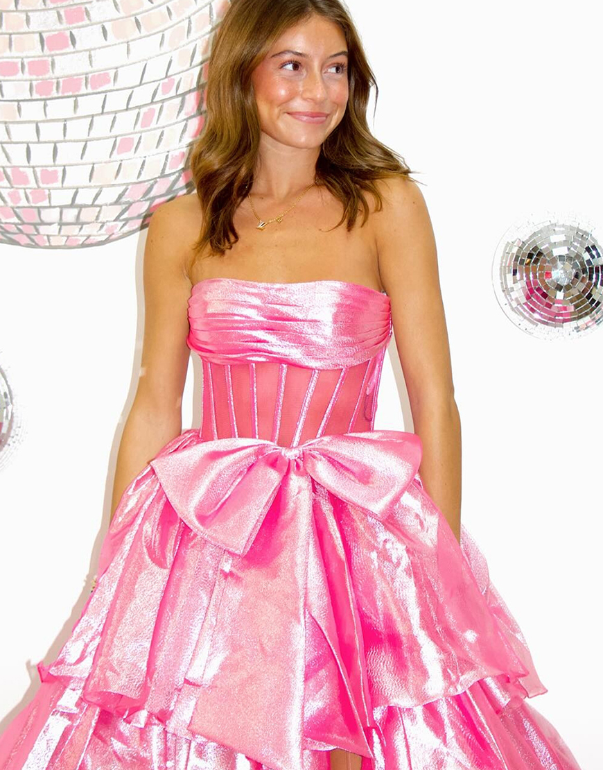 Fuchsia A-Line Strapless Corset Ruffle Tulle Long Prom Dress with Slit