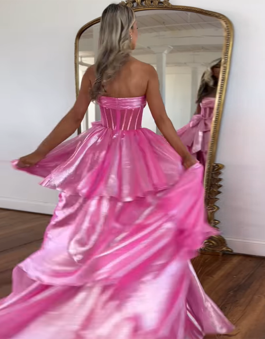 Pink A-Line Strapless Corset Ruffle Tulle Long Prom Dress with Slit