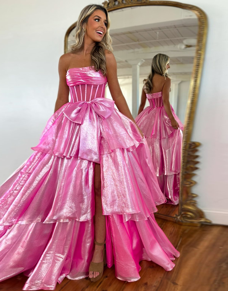 Pink A-Line Strapless Corset Ruffle Tulle Long Prom Dress with Slit