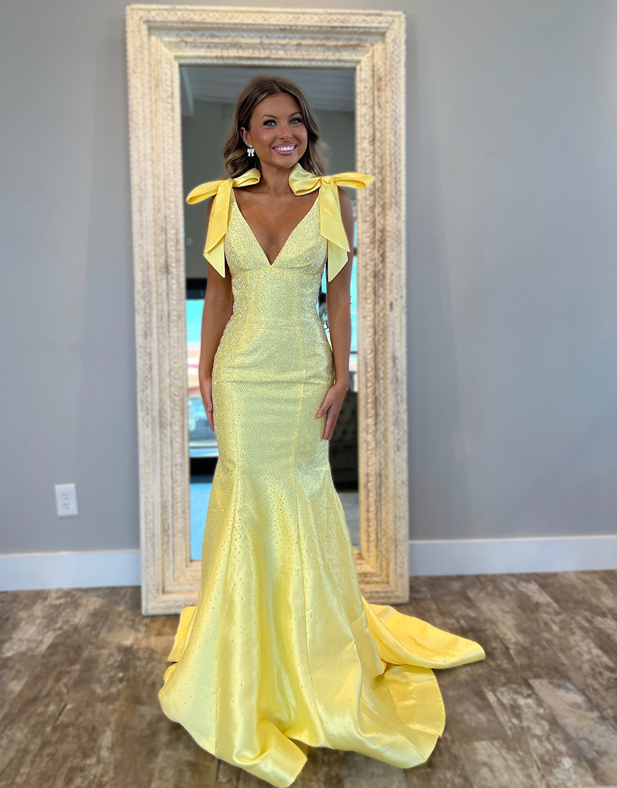 Sparkly Yellow Mermaid Beaded V Neck Long Prom Dress with Bows