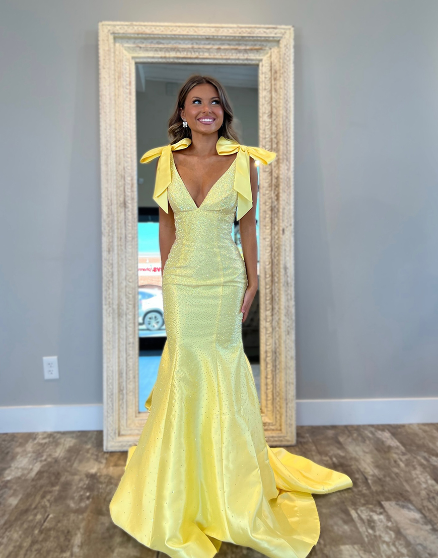 Sparkly Yellow Mermaid Beaded V Neck Long Prom Dress with Bows