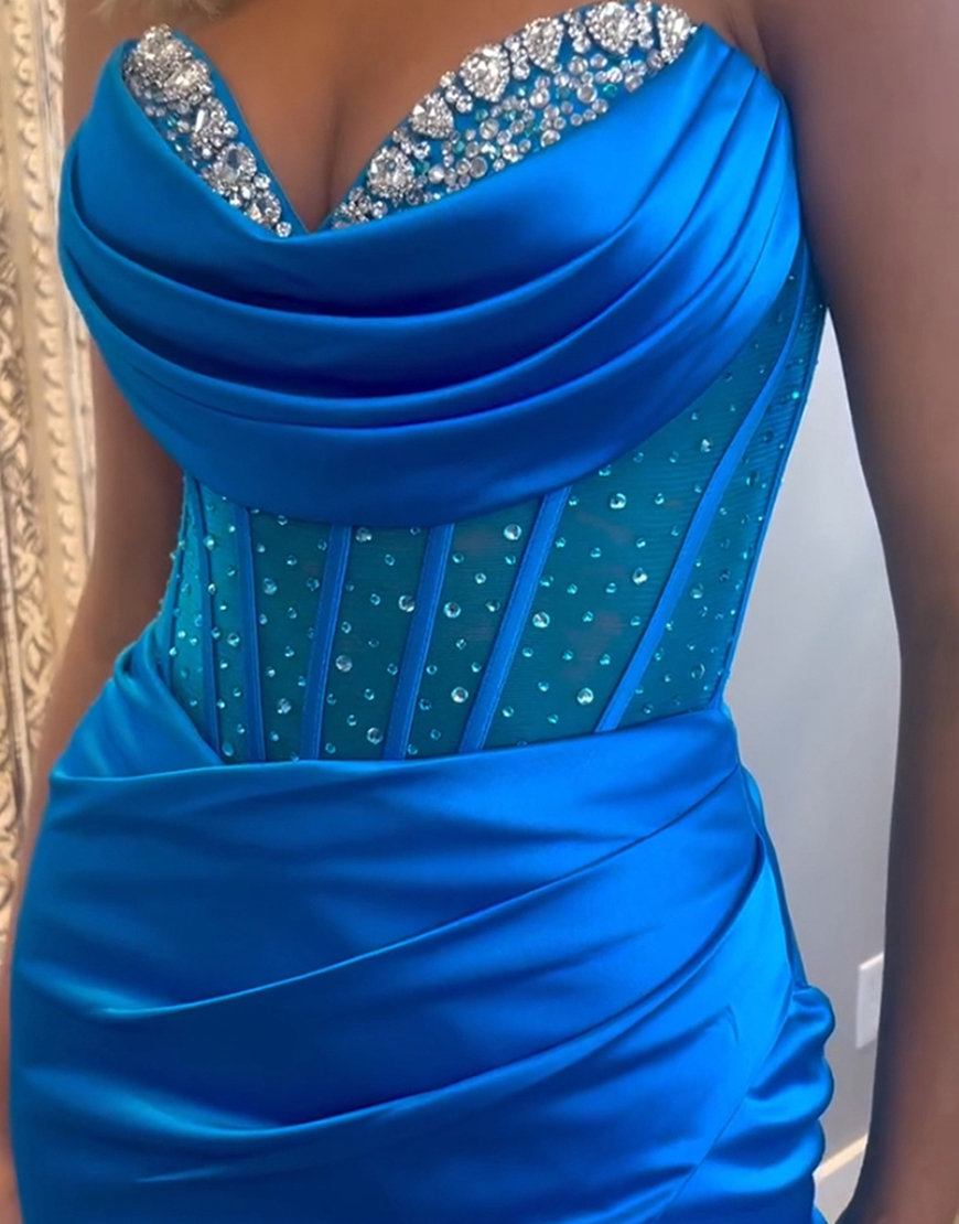 Sparkly Royal Blue Mermaid Strapless Beaded Corset Satin Long Prom Dress with Slit