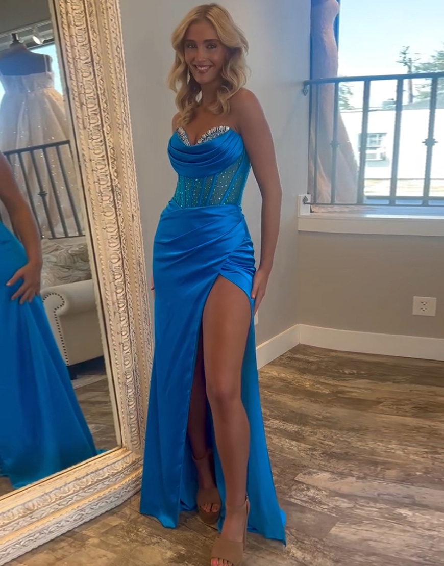 Sparkly Royal Blue Mermaid Strapless Beaded Corset Satin Long Prom Dress with Slit