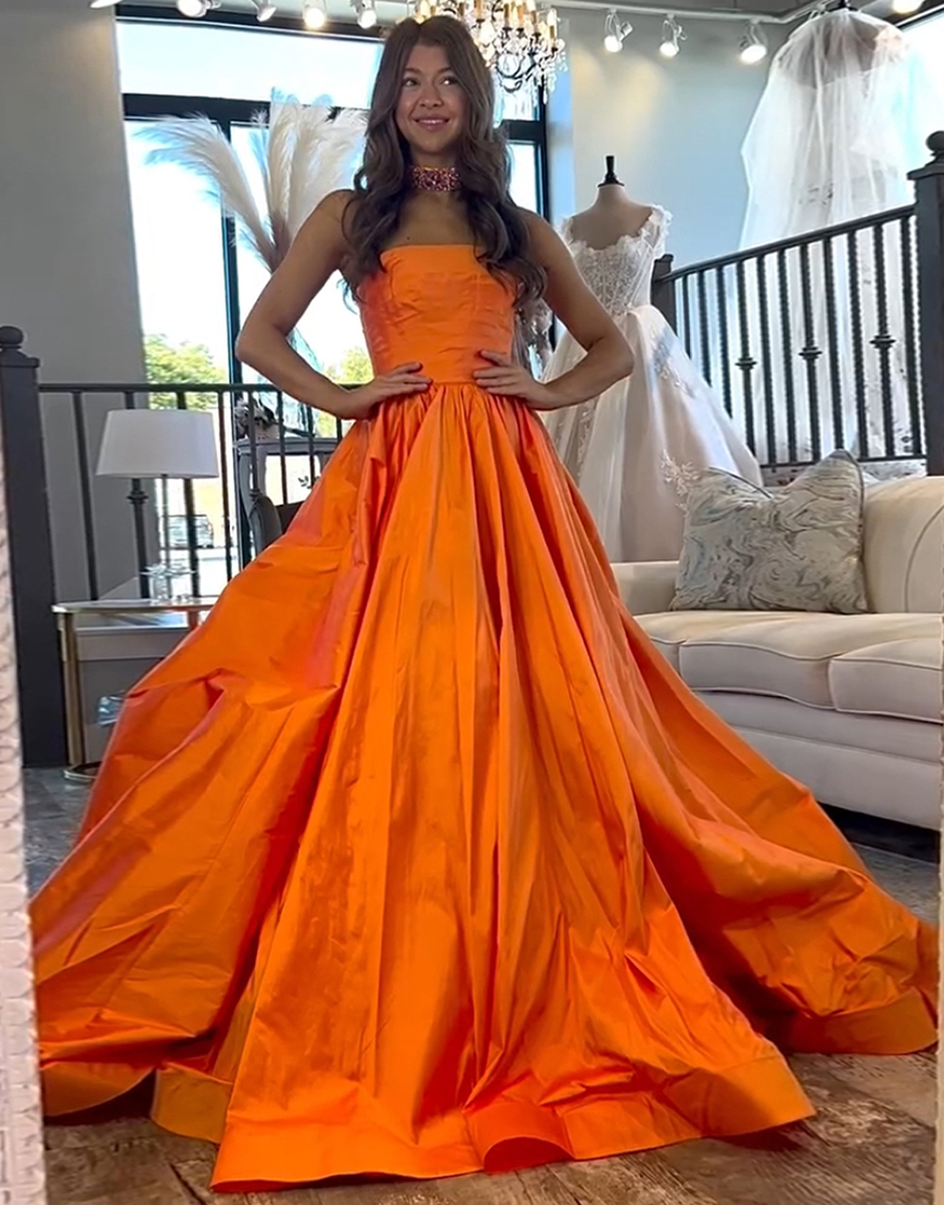 Orange A-Line Strapless Satin Long Prom Dress