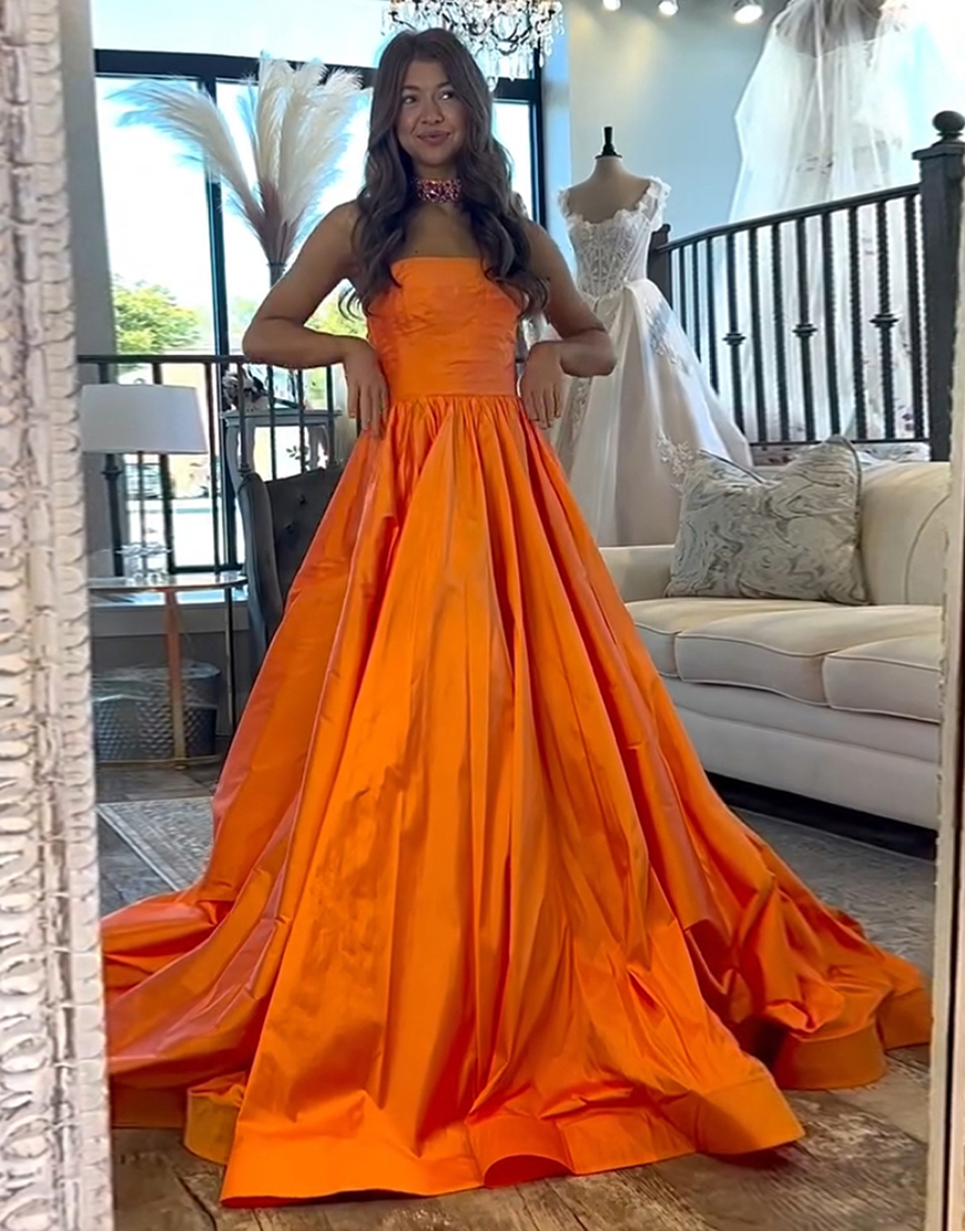 Orange A-Line Strapless Satin Long Prom Dress