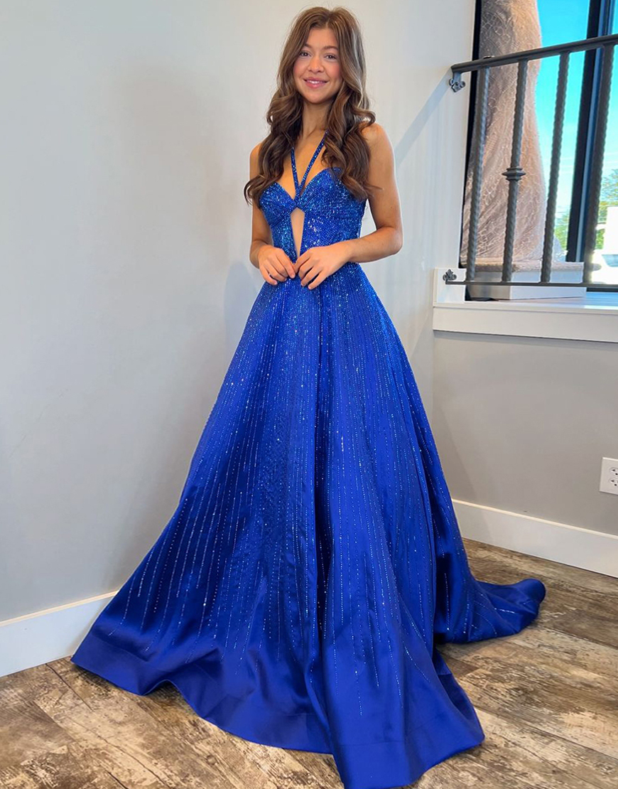 Sparkly Royal Blue A-Line Halter Beaded Satin Long Prom Dress
