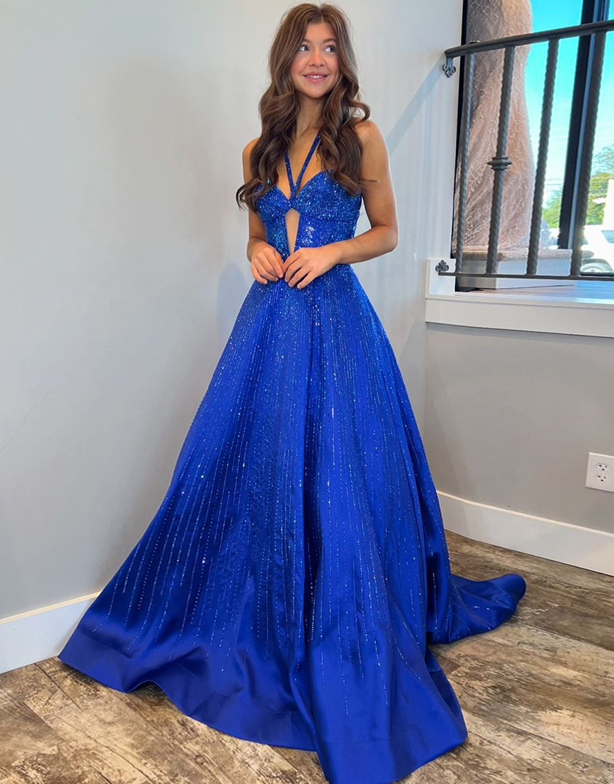 Sparkly Royal Blue A-Line Halter Beaded Satin Long Prom Dress