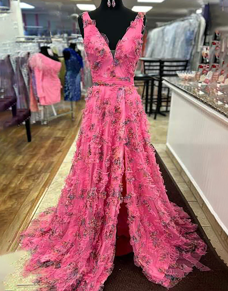 Pink A-Line V Neck Floral Ruffle Tulle Long Prom Dress with Slit