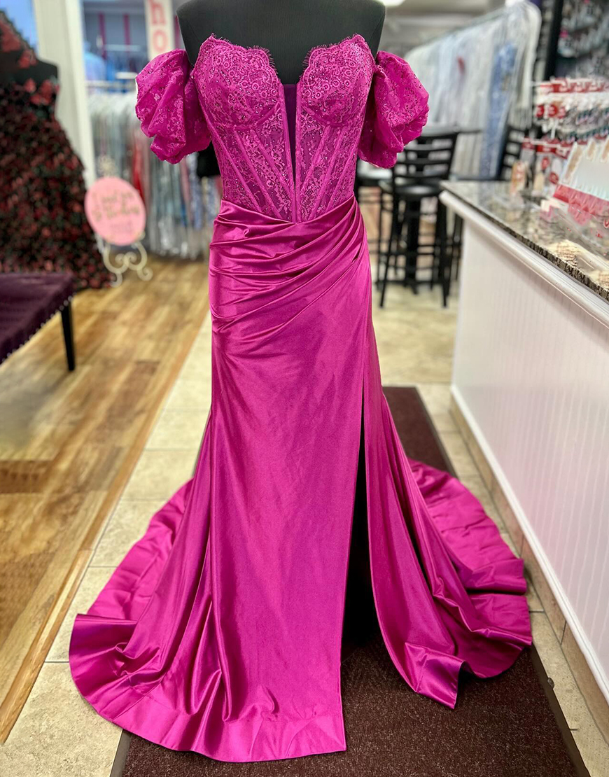 Sparkly Fuchsia Mermaid Off the Shoulder Corset Laced Long Prom Dress with Slit