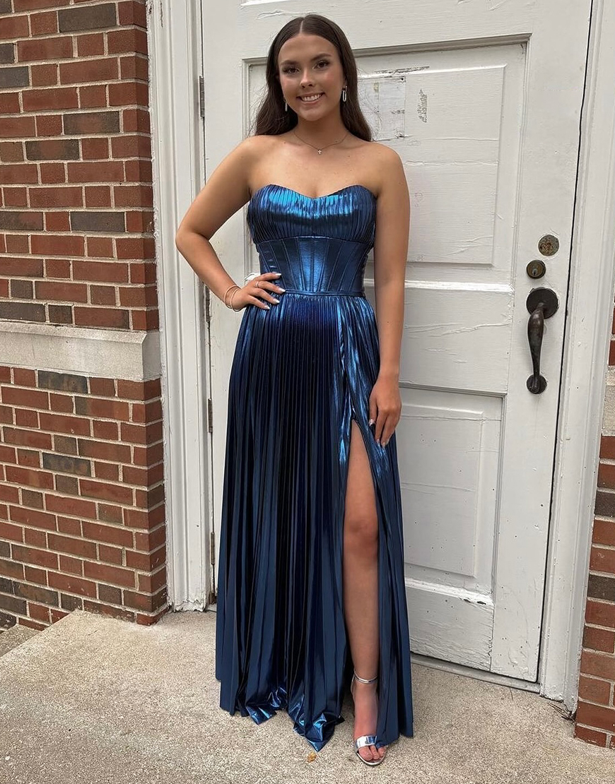Metallic Navy A-Line Strapless Corset Long Prom Dress with Slit