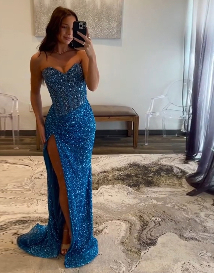 Sparkly Blue Mermaid Strapless Corset Sequins Long Prom Dress with Slit