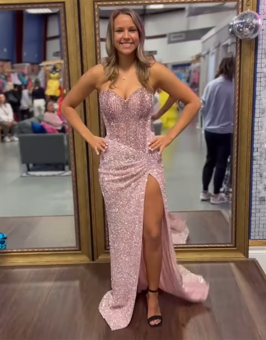 Sparkly Blue Mermaid Strapless Corset Sequins Long Prom Dress with Slit