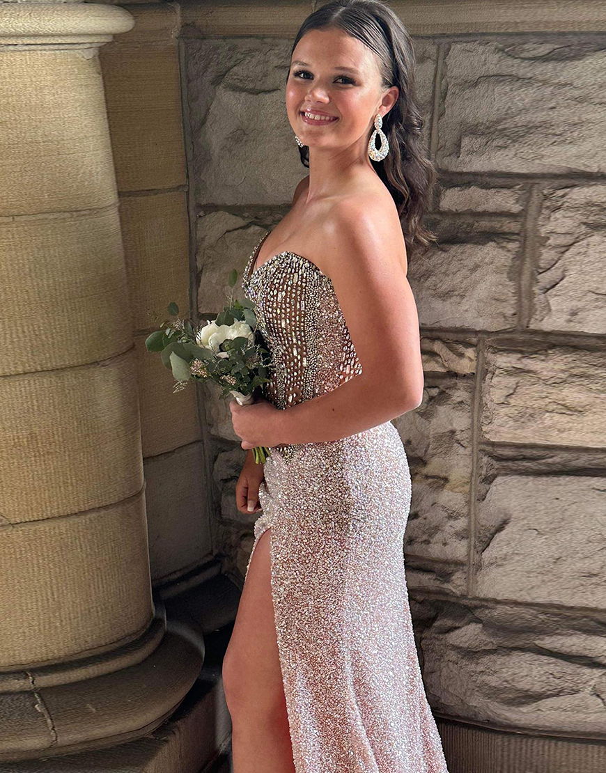 Sparkly Blue Mermaid Strapless Corset Sequins Long Prom Dress with Slit