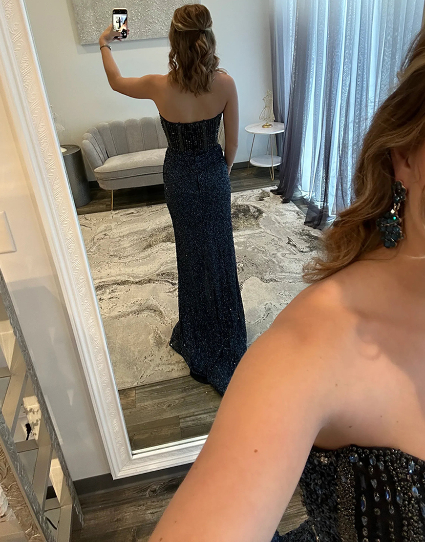 Sparkly Peacock Green Mermaid Strapless Corset Sequins Long Prom Dress with Slit