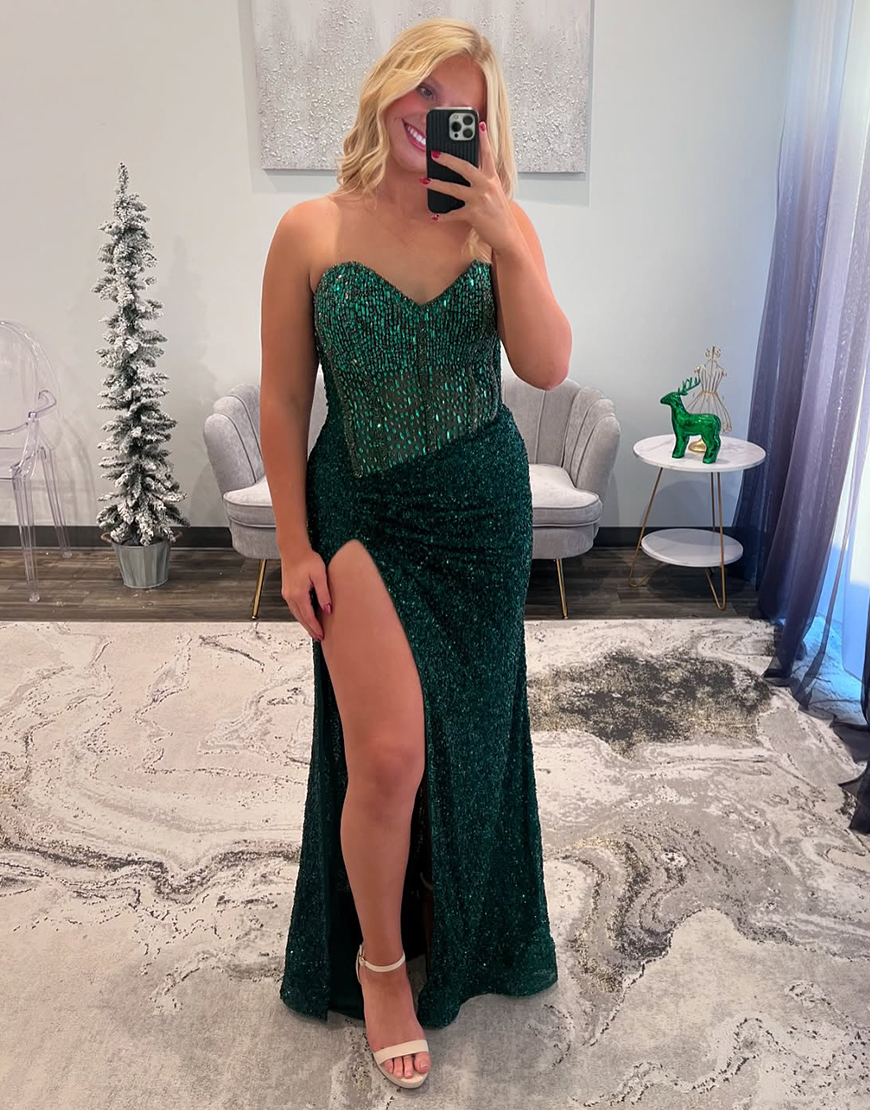 Sparkly Blue Mermaid Strapless Corset Sequins Long Prom Dress with Slit