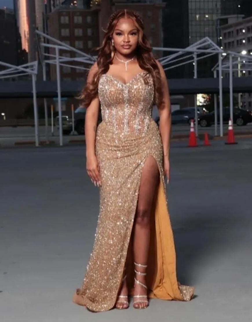 Sparkly Champagne Mermaid Corset Strapless Beaded Sequins Long Prom Dress with Slit