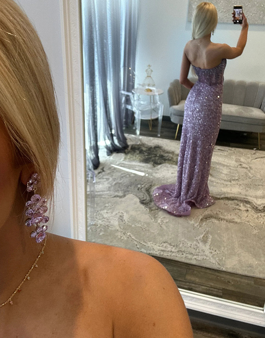 Sparkly Peacock Green Mermaid Strapless Corset Sequins Long Prom Dress with Slit