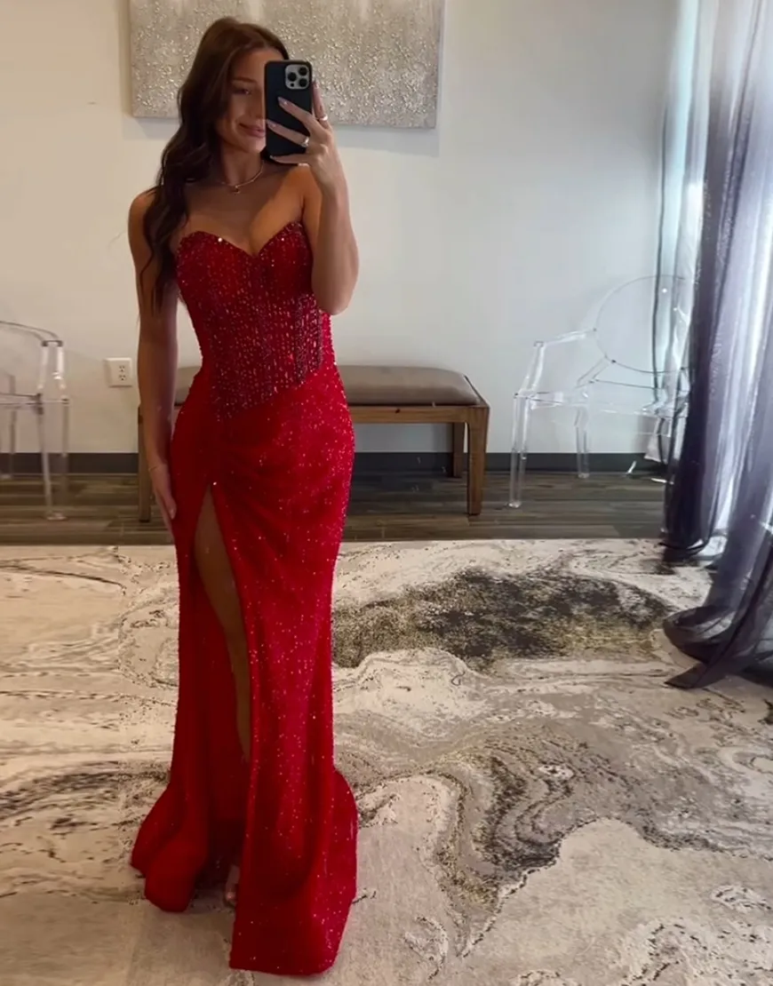 Sparkly Champagne Mermaid Corset Strapless Beaded Sequins Long Prom Dress with Slit