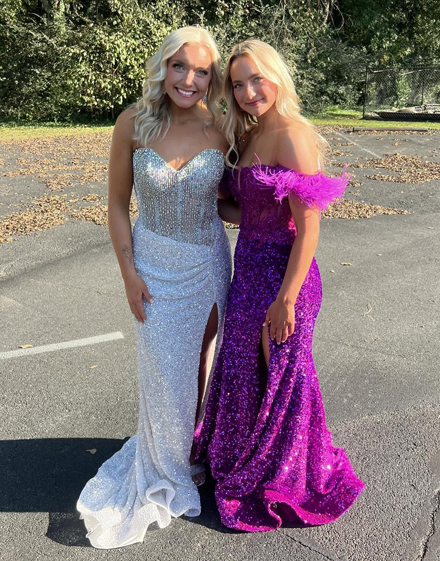 Sparkly Blue Mermaid Strapless Corset Sequins Long Prom Dress with Slit