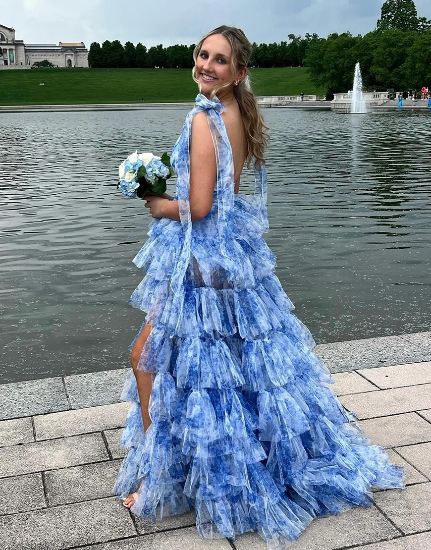 Blue A-Line Floral V Neck Ruffles Long Prom Dress with Slit