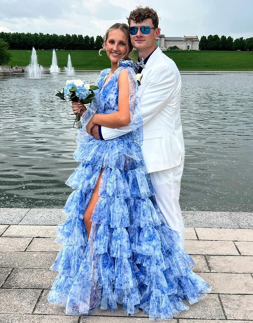 Blue A-Line Floral V Neck Ruffles Long Prom Dress with Slit