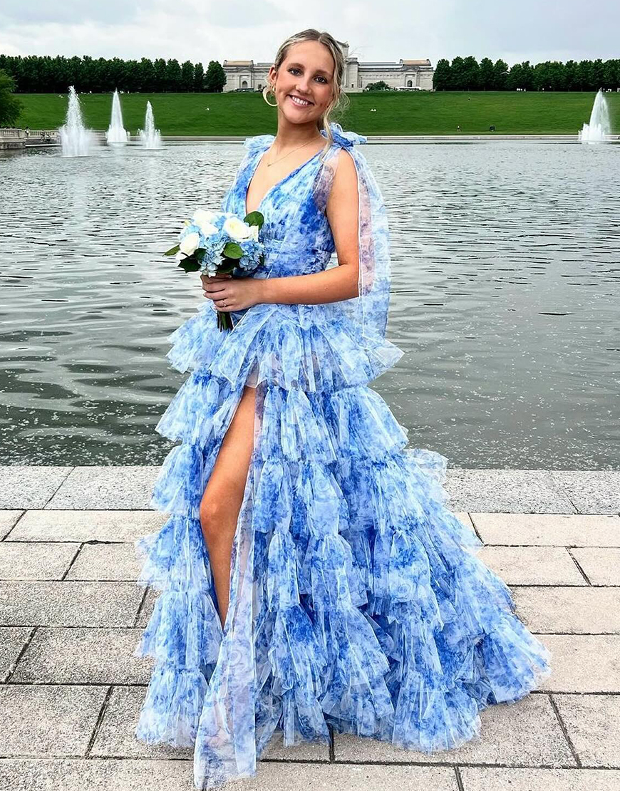 Blue A-Line Floral V Neck Ruffles Long Prom Dress with Slit