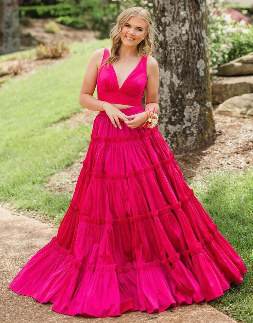 Fuchsia A-Line V Neck 2 Pieces Ruffled Long Prom Dress