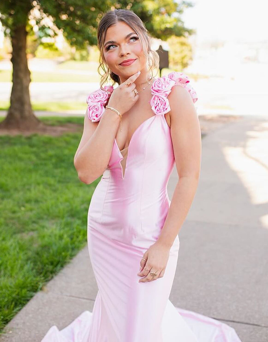 Pink Mermaid Flowers Shoulder Straps Satin Long Prom Dress