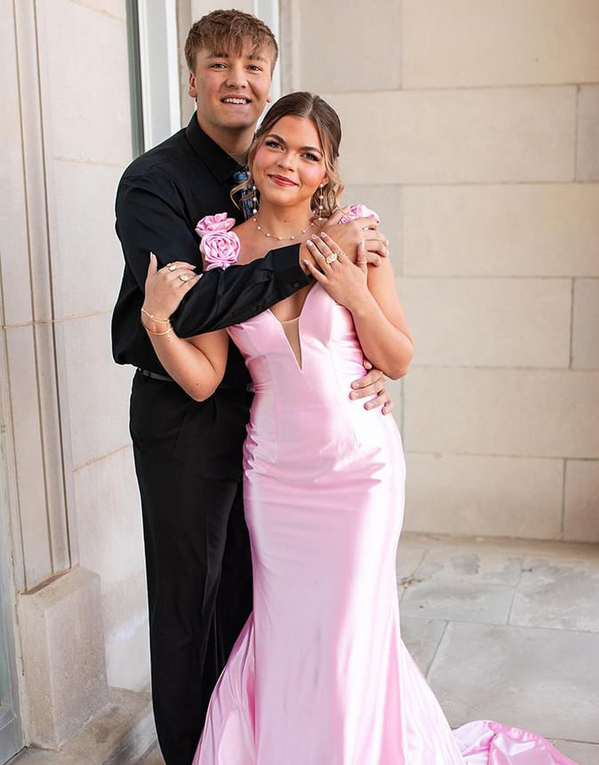 Pink Mermaid Flowers Shoulder Straps Satin Long Prom Dress