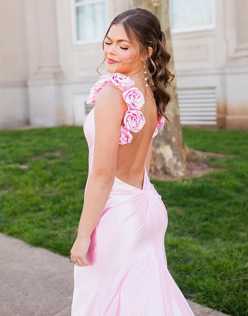 Pink Mermaid Flowers Shoulder Straps Satin Long Prom Dress