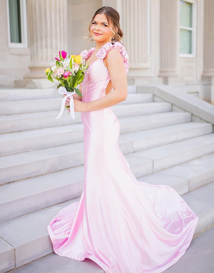 Pink Mermaid Flowers Shoulder Straps Satin Long Prom Dress