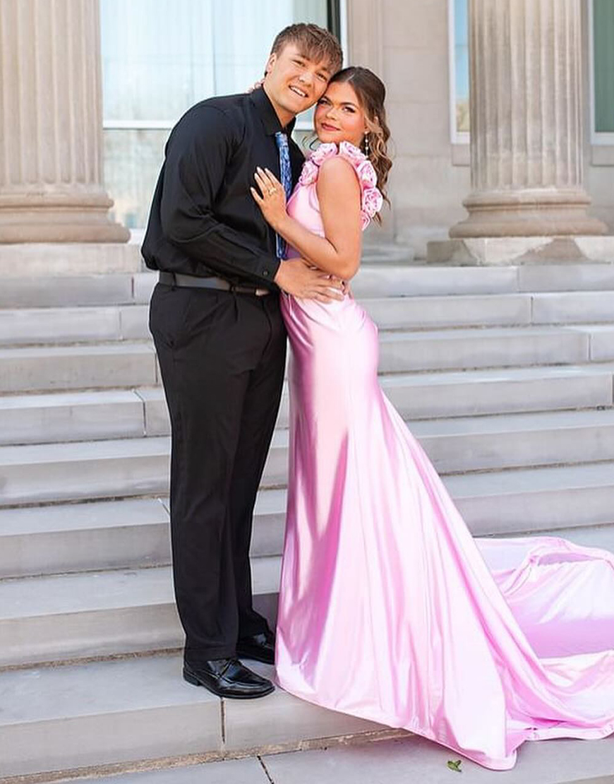 Pink Mermaid Flowers Shoulder Straps Satin Long Prom Dress