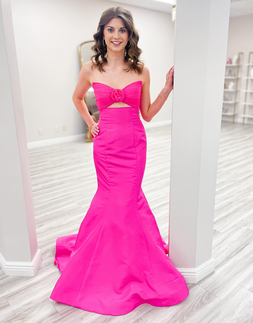 Fuchsia Mermaid Strapless Flower Hollow Our Long Prom Dress