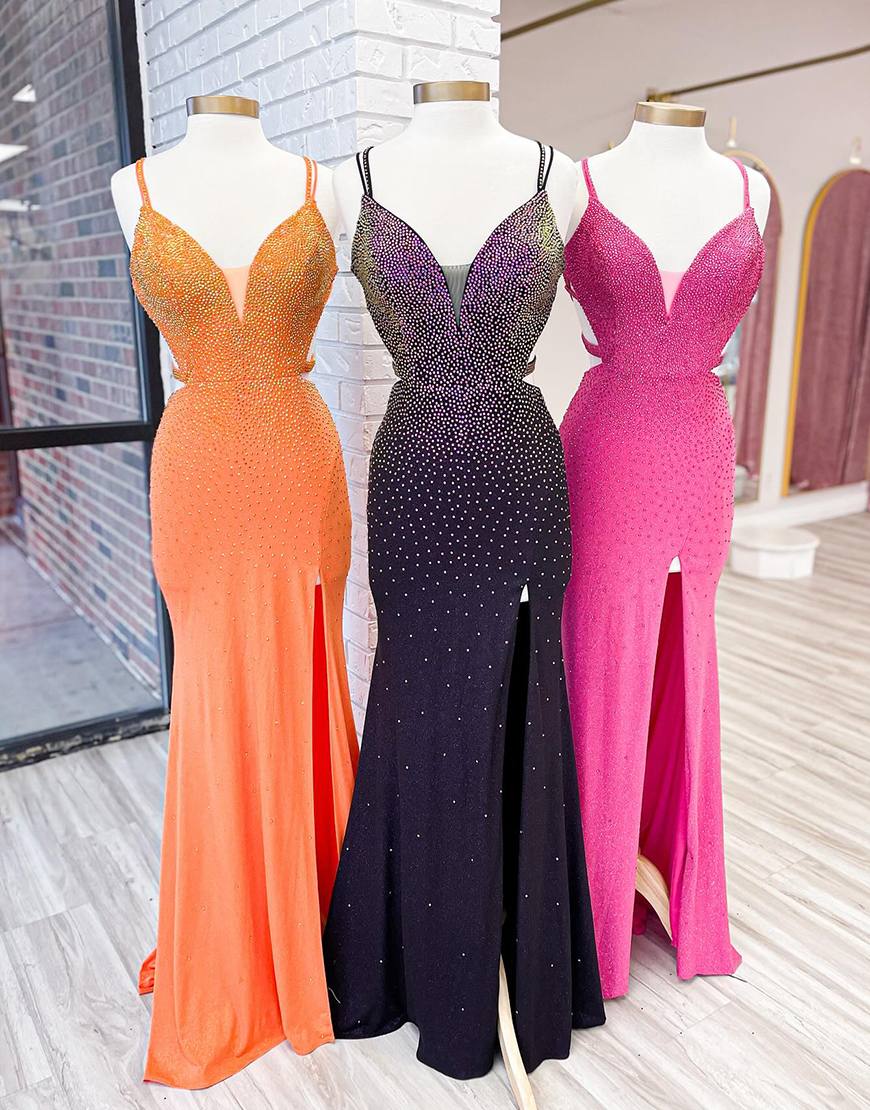 Sparkly Black Mermaid Spaghetti Straps Beaded Long Prom Dress with Slit