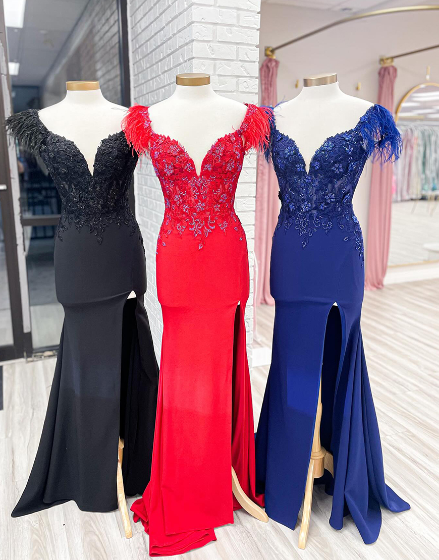 Sparkly Red Mermaid Feathered V Neck Beaded Appliques Long Prom Dress with Slit