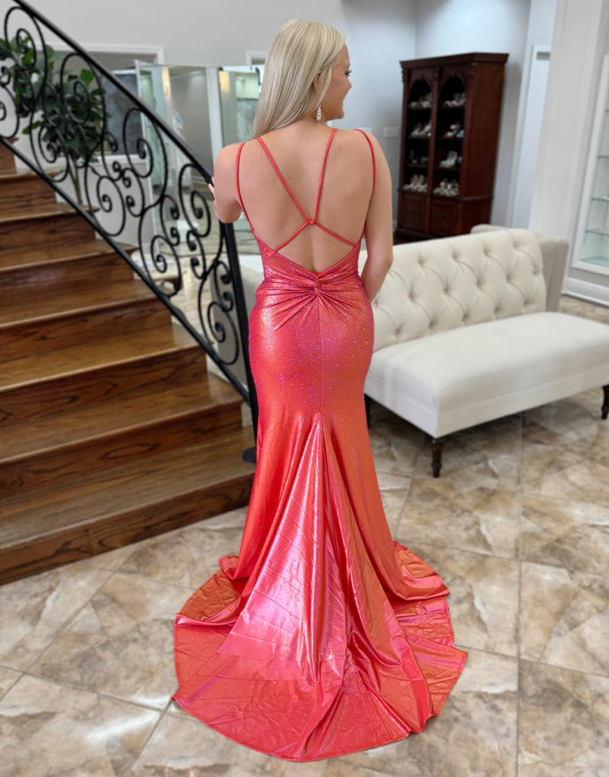Sparkly Red Mermaid Double Spaghetti Straps Beading Long Prom Dress