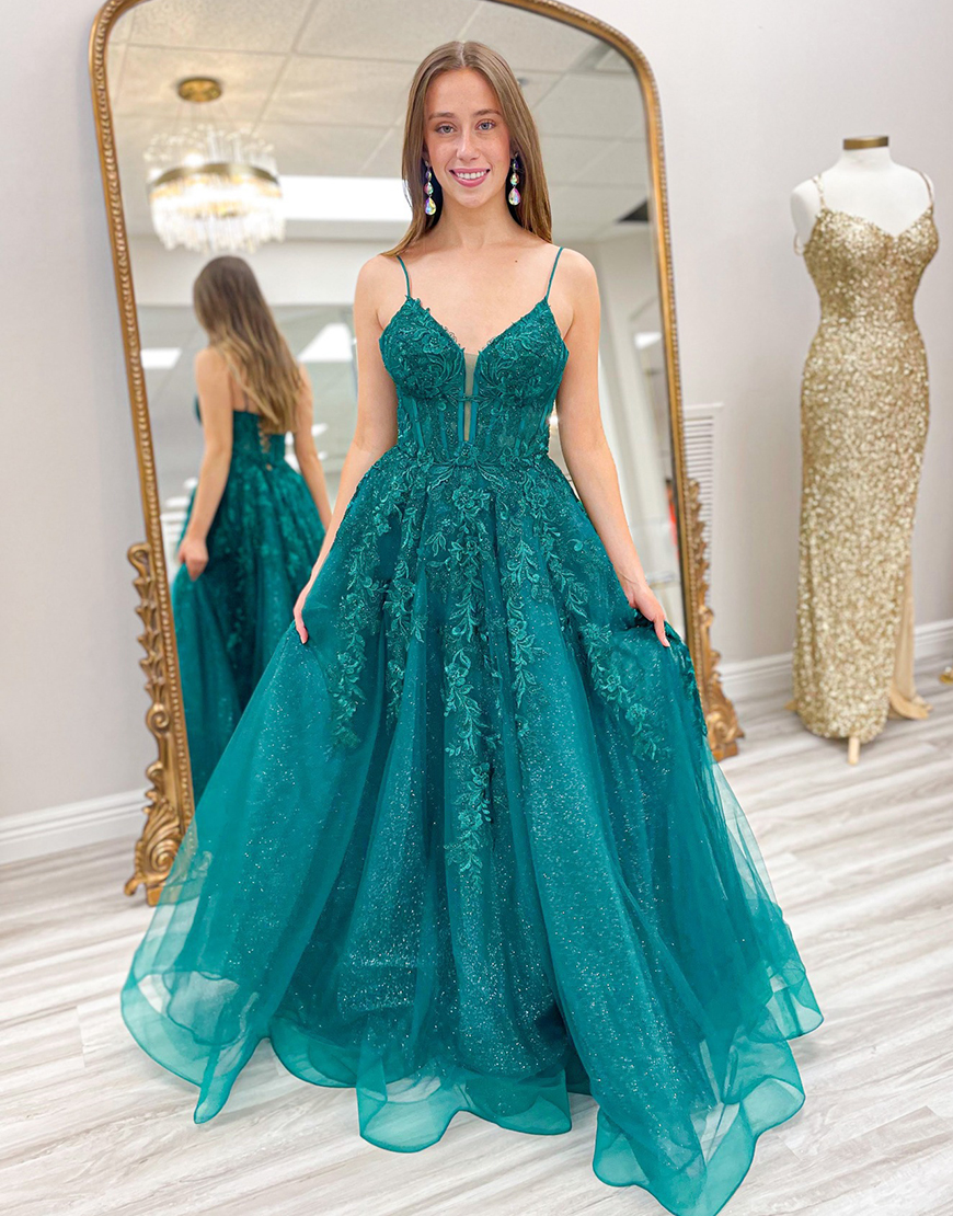 Sparkly Emerald Green A-Line Spaghetti Straps Corset Tulle Long Prom Dress with Appliques