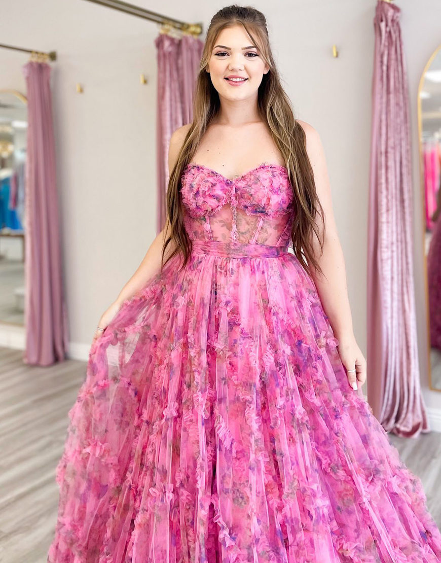 Pink Floral A-Line Strapless Corset Strapless Ruffles Tulle Long Prom Dress