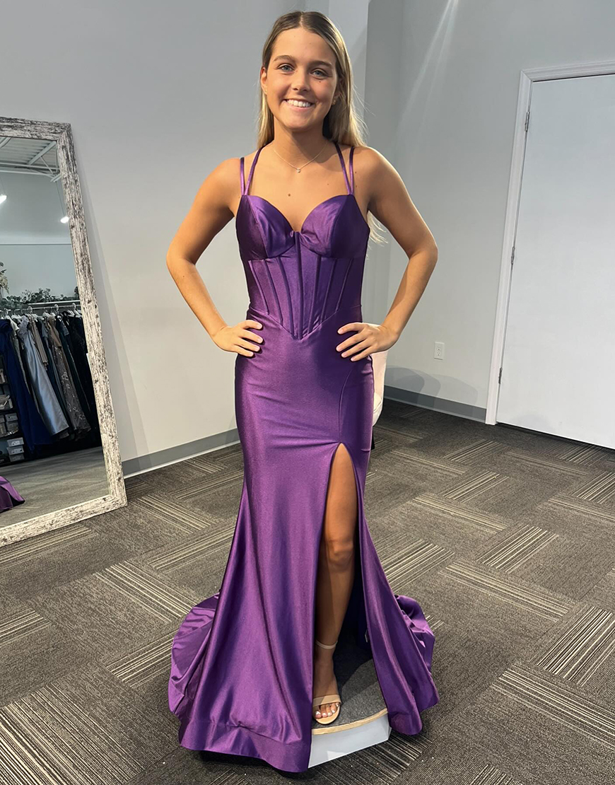 Purple Mermaid Double Spaghetti Straps Corset Satin Long Prom Dress with Slit