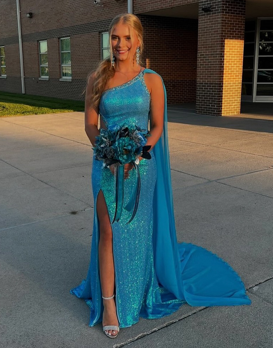 Sparkly Blue Mermaid One Shoulder Sequins Side Cape Long Prom Dress with Slit