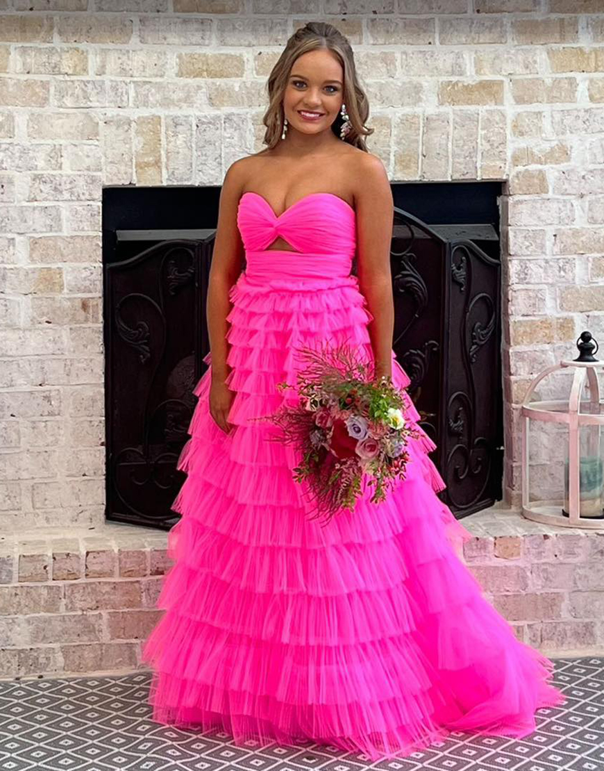 Fuchsia A-Line Strapless Ruffles Tulle Hollow Out Long Prom Dress