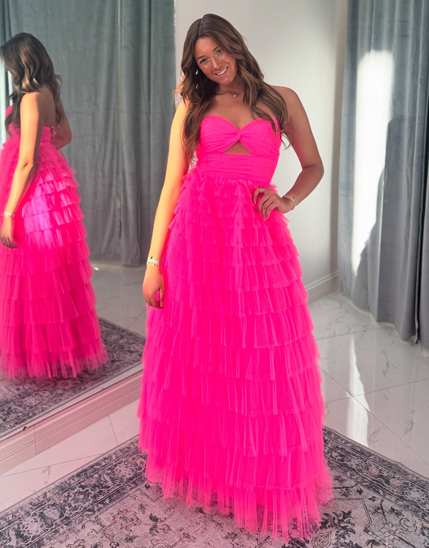 Fuchsia A-Line Ruffles Strapless Tulle Hollow Out Long Prom Dress
