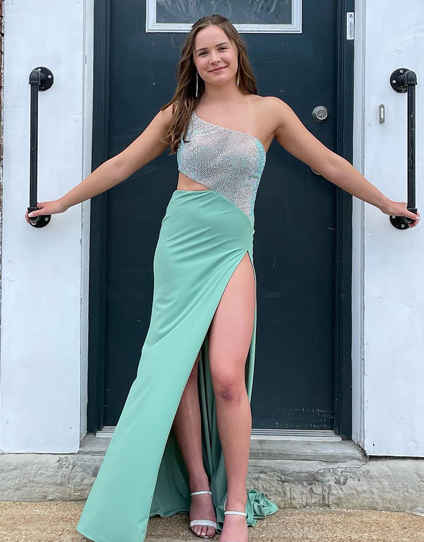 Sparkly Sage Mermaid One Shoulder Beaded Long Prom Dress with Slit