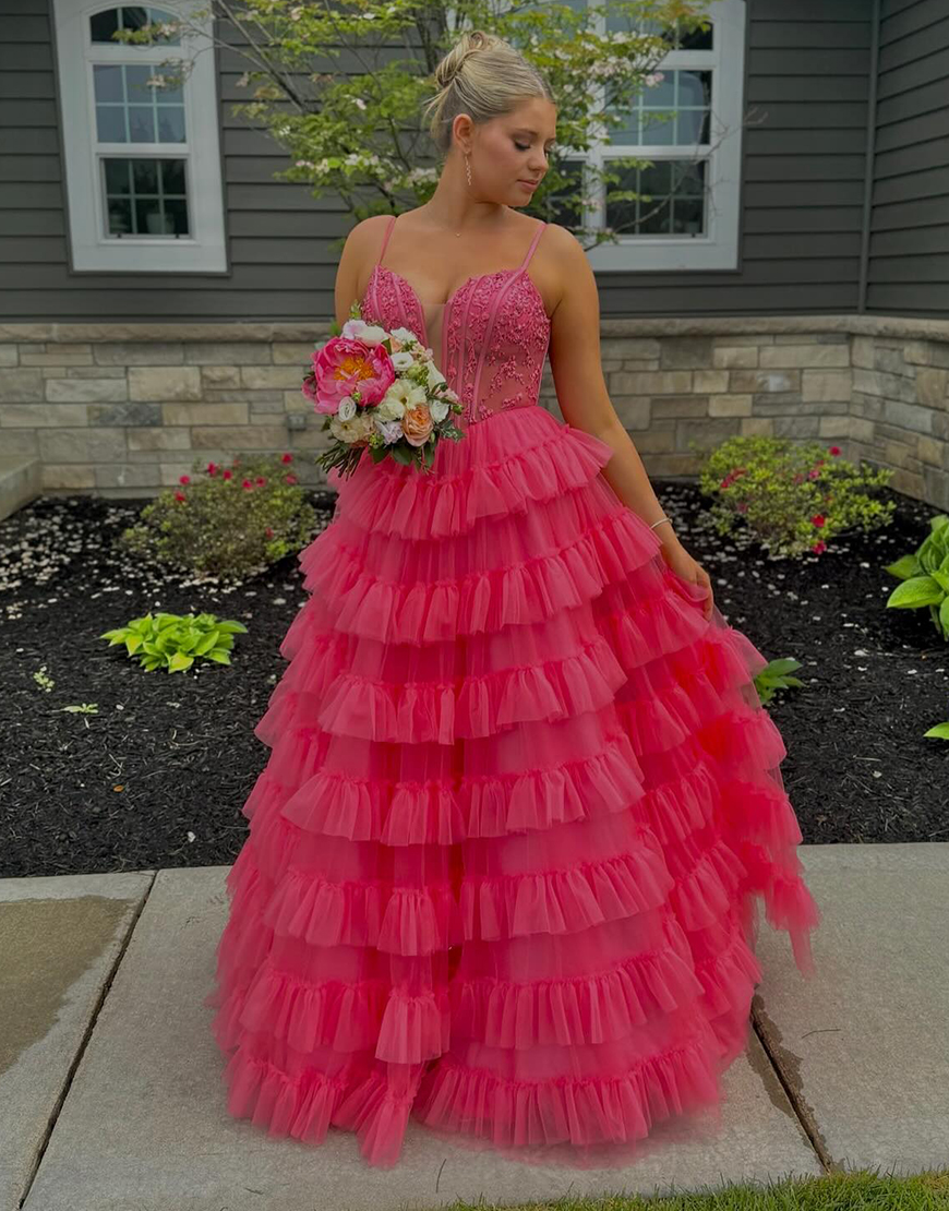 Pink A-Line Spaghetti Straps Corset Ruffles Tulle Long Prom Dress