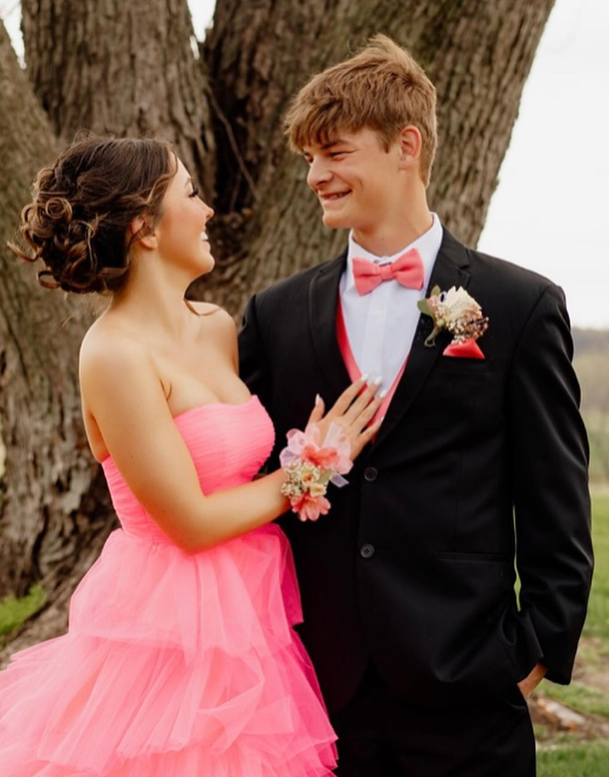 Light Pink A-Line Strapless Ruffles Tulle Long Prom Dress