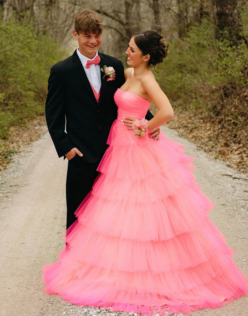 Light Pink A-Line Strapless Ruffles Tulle Long Prom Dress