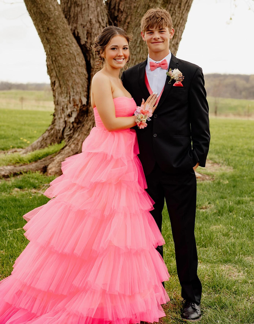 Light Pink A-Line Strapless Ruffles Tulle Long Prom Dress